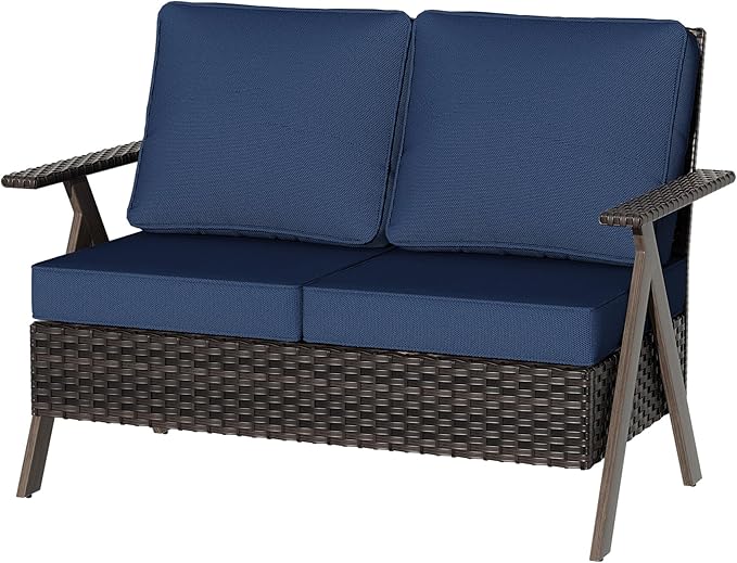Patio Outdoor Wicker Loveseat, 2-Seat Sofa with Soft Cushion, All-Weather Outdoor Couch Patio Furniture for Balcony, Poolside, Backyard, Porch