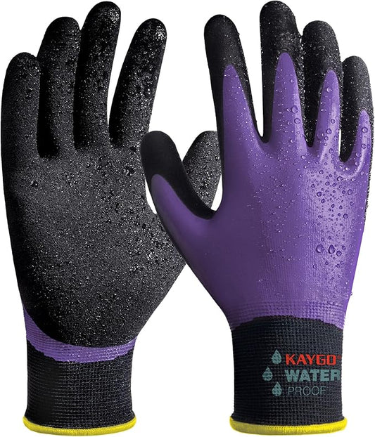 KAYGO Waterproof Work Gloves for Men and Women, Rubber Coated Non-slip Working Gloves for Garden, Outdoor Construction,KG150,Purple,L