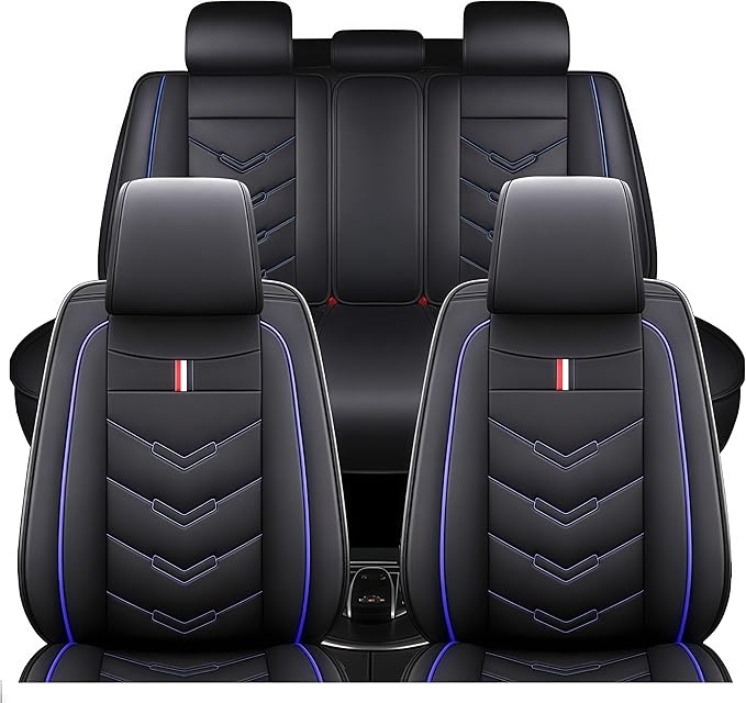 Leather Car Seat Covers Fit for LR Defender 2020-2025, 5 Seater Waterproof and Wear-Resistant Seat Cover Interior Accessories(Full Set,Black&Blue)