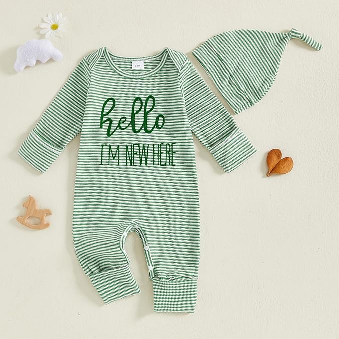 Fernvia Newborn Baby Boy Clothes Letters Print Bodysuit 3 6 9 12 18 Months Long Sleeve Jumpsuit with Hat 2PCS Outfits Set
