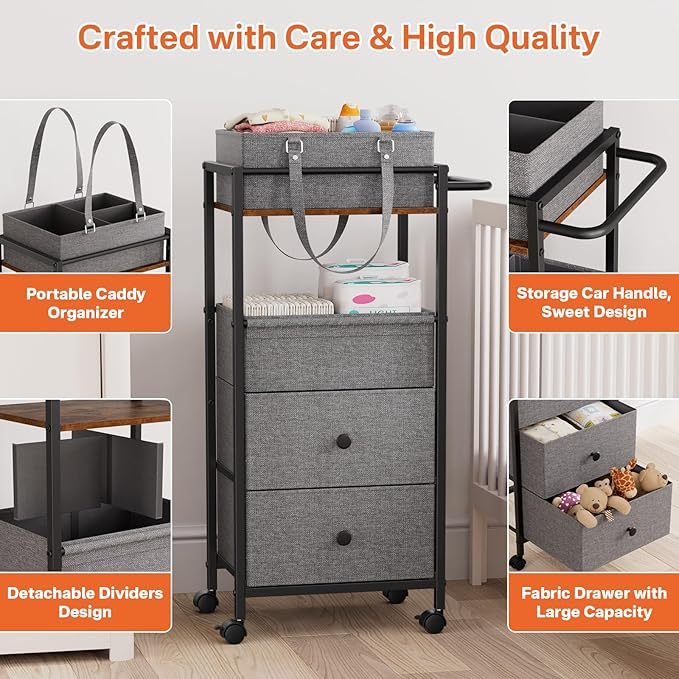 Baby Diaper Caddy Organizer Cart with Drawers - 3In1 Rolling Storage Cart with Wheels, Removable Diaper Caddy, Detachable Dividers - for Crib, Bedroom, Art & Craft Organizer (Black)