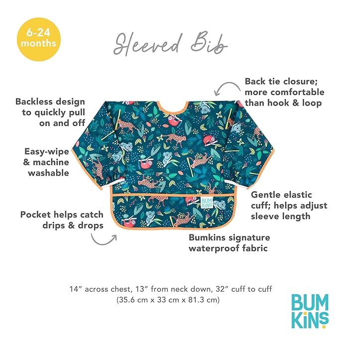 Bumkins - Sleeved Bib - For Boys & Girls, Babies & Toddlers 6-24 Months - Lightweight, Durable, Waterproof - Long Sleeve Bib - Catch-All Pocket - Wipeable & Machine Washable - Jungle & Ocean - 2 Pack