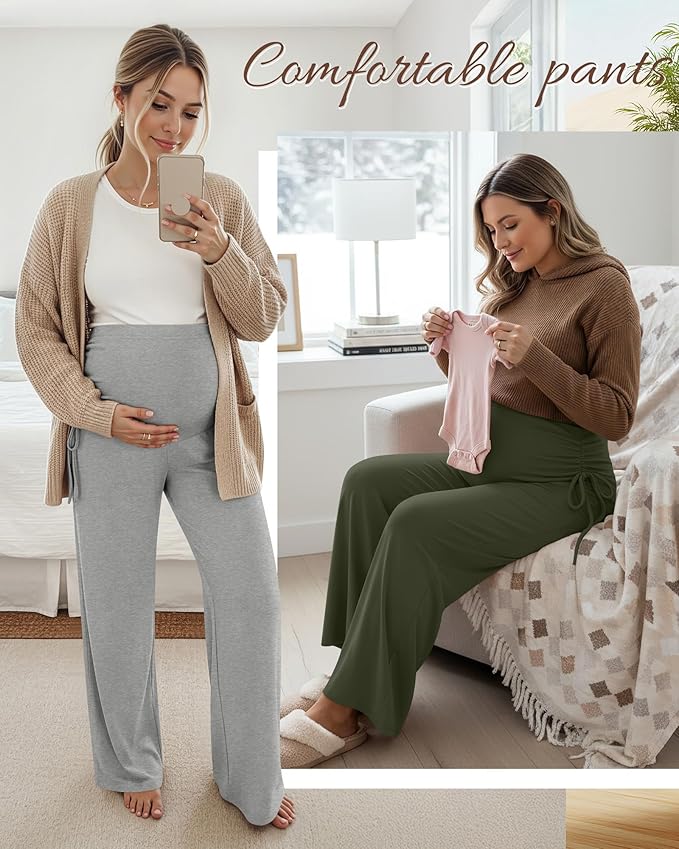 Neer 3 Pack Women's Maternity Pants Over The Belly Loose Pregnancy Pants Stretchy Lounge Wide Leg Trousers with Pockets