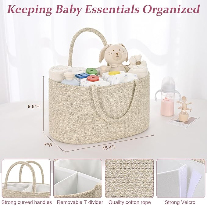 Baby Diaper Caddy Organizer, Cotton Rope Diaper Basket, Baby Basket for Changing Table, Nursery, Car, Changing Table Storage Bin With Removable Divider, Baby Shower Gifts for Newborn, Baby Essentials