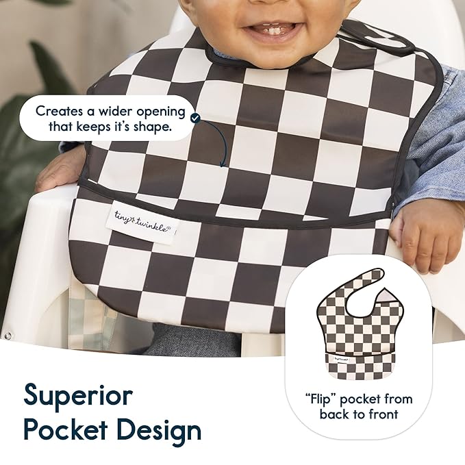 Tiny Twinkle Mess Proof Baby Bibs for Eating – Waterproof, Wipeable Toddler Bibs with Pocket – Baby Food Bibs for Girls & Boys(3 Pack,Checkers Boy)