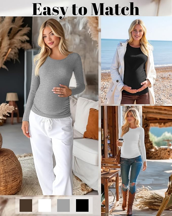 Huukeay 4 Pack Women's Maternity Shirts, Long Sleeve Cotton Ribbed Pregnancy Tops Side Ruched Crew Neck Casual Mama Clothes
