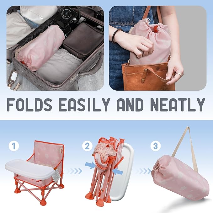 Tiny Marvels Portable 3-in-1 Baby Chair, Cozy Booster Seat, Baby Seat with Tray, Compact Foldable, Toddler Chair with Child Safety Belt Carry Bag, Perfect for Travel (Blush Petals)