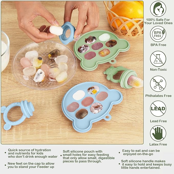 WAJIAYON Baby Breastmilk Popsicle Molds & Baby Fruit Feeder, Infant Food Freezer Tray Storage Containers, Silicone Teething Pacifier Feeder and Teether for Babies,Shower Gifts for Boys and Girls-Blue