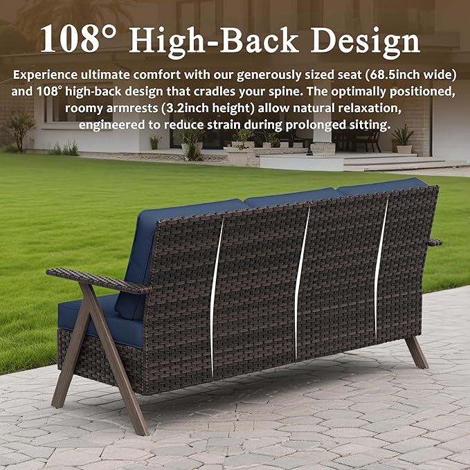 Outdoor Patio Sofa, 3 Seater Rattan Sofa for Outside, All-Weather Wicker Outdoor Sofa Couch with Metal Frame for Deck, Lawn