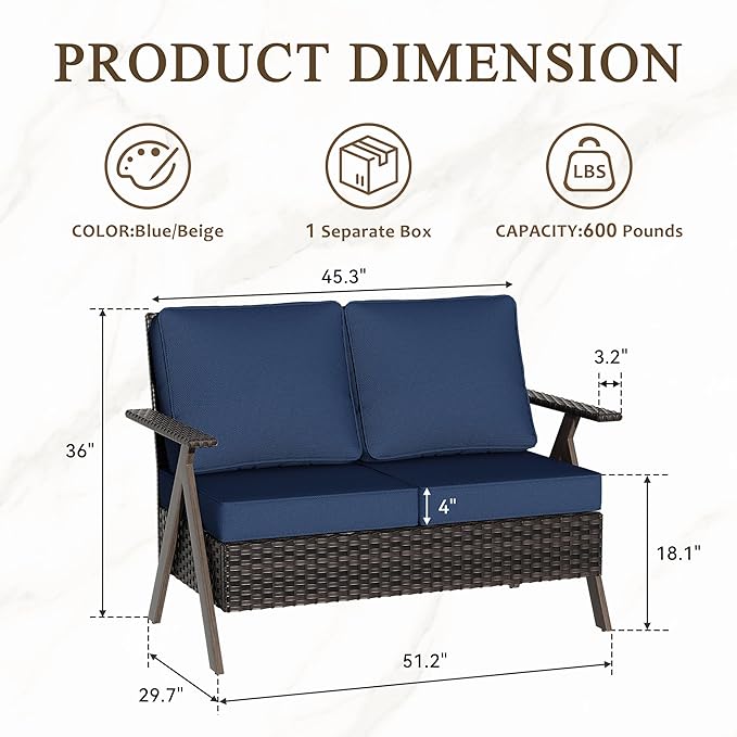 Patio Outdoor Wicker Loveseat, 2-Seat Sofa with Soft Cushion, All-Weather Outdoor Couch Patio Furniture for Balcony, Poolside, Backyard, Porch