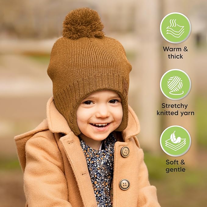 Baby Beanies, Baby Hats for Boys, Girls - Cute Toddler Winter Hat, Soft & Stretchy Beanies for Infant, Newborn 6-36 Months, Cozy & Warm with Earflap Muff & Pom (Latte)