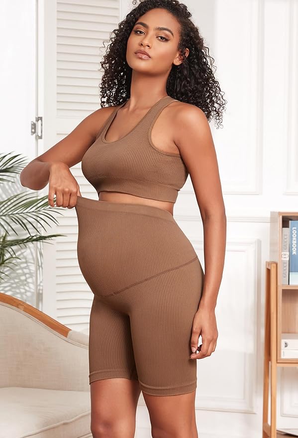 Women's Maternity 2 Piece Outfit Set - Bra & Shorts for Pregnancy - Yoga workout Lounge Wear Sets