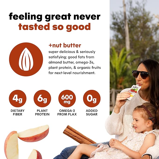 Noka Superfood Fruit Smoothie Pouches, Organic Applesauce Pouches with Apple, Cinnamon & Almond Butter, Healthy Snacks with Organic Fruits, Plant Protein, Fiber & Flax Seed, 4.22 oz (Pack of 6)