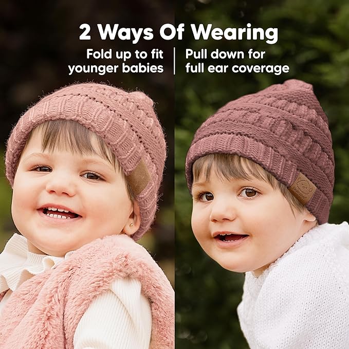 3-Pack Baby Beanies for Boys, Girls - Stretchy Knit Baby Hats, Cute Newborn & Toddler Winter Hat, Soft & Warm Infant Beanie 6-36 Months (Tea Rose, M)