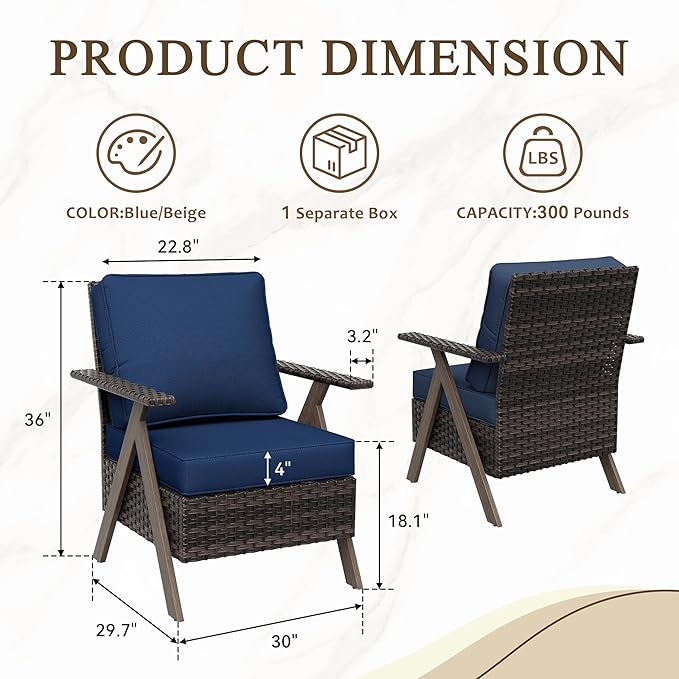 Outdoor Wicker Patio Chairs Set of 2, PE Rattan Patio Dining Chairs with Metal Frame and Deep Seating