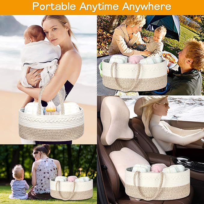 Baby Diaper Caddy Organizer -100% Cotton Baby Basket Bin with Removable Divider -Portable Tote Bag Storage Basket for Boy & Girl Nursery Organization (White & Yellow Variegated)