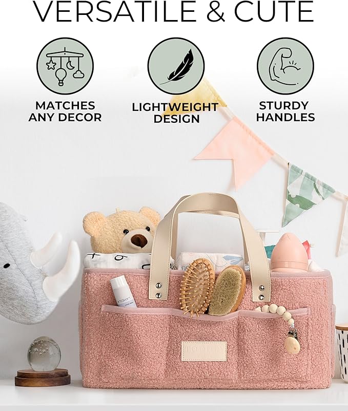 Baby Diaper Caddy Organizer with Portable Changing Mat - Teddy Fleece Diaper Organizer for Changing Table - Basket for Changing Essentials - Baby Essentials Organizer with Removable Dividers