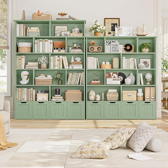 FINETONES 69" H Toy Storage Organizer, 6 Tier Tall Kids Bookshelf with 4 Movable Drawers and 12 Storage Cubbies, 49.4" W Toy Organizers and Storage Organizer Playroom Storage for Kids Room, Green