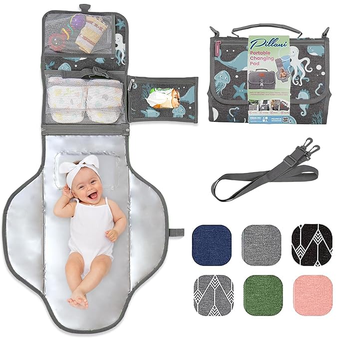 Portable Changing Pad for Baby, Travel Diaper Changing Pad for Newborn, Large Waterproof Baby Changing Mat, Foldable & Detachable Diaper Changing Station with Baby Wipes Pockets, Baby Stuff by Pillani