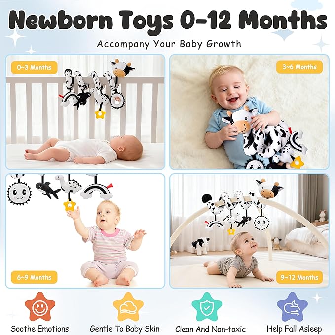 Spiral Car Seat Baby Toys 0-6 Months, Infant Carseat High Contrast Sensory Toys Hanging Stroller Accessories, Newborn for Baby Boys Girls Essentials Stuff, Cute Black and White Cow