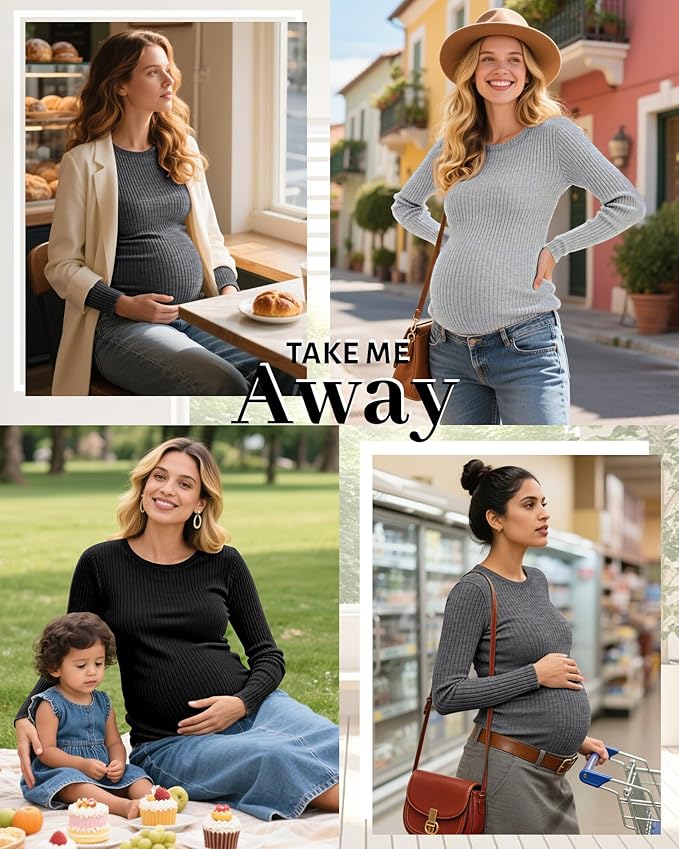 Riyiper 3 Pack Women's Maternity Shirts Long Sleeve Ribbed Knit Pregnancy Tees Cotton Crewneck Tunic Clothes Casual Fall Tops