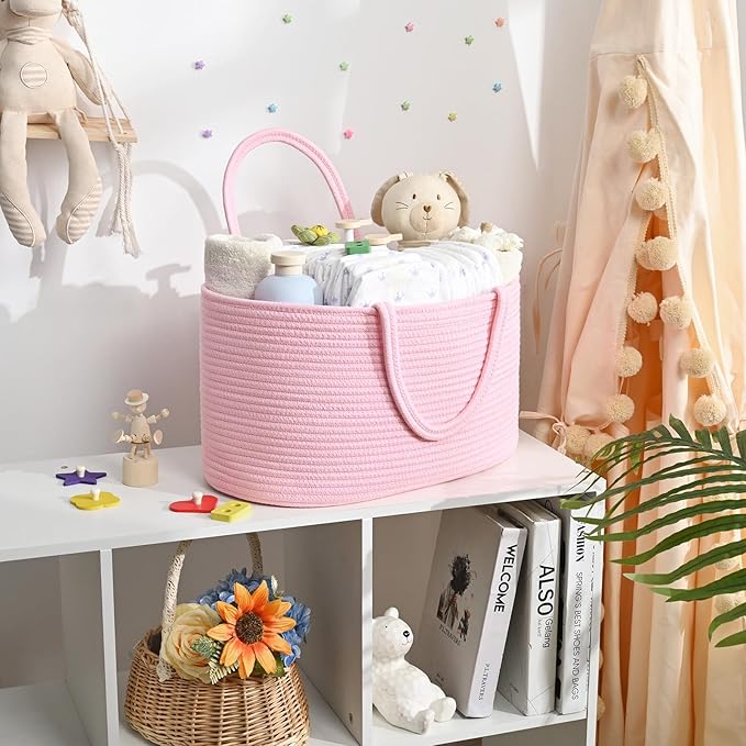 Baby Diaper Caddy Organizer, Cotton Rope Diaper Basket, Baby Basket for Changing Table, Nursery, Car, Changing Table Storage Bin With Removable Divider, Baby Shower Gifts for Newborn, Baby Essentials