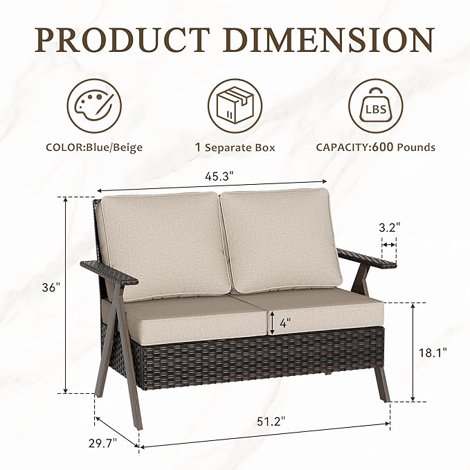 Patio Loveseat, All-Weather Wicker Rattan 2 Seater Sofa with Cushions, Outdoor Patio Furniture Sofa Set for Patio, Balcony, Backyard, Deck, Poolside