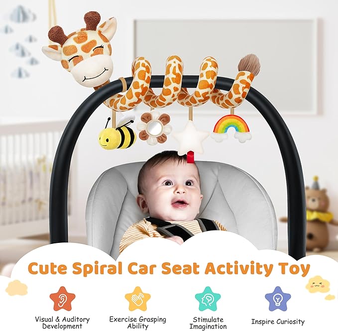Stuffed Spiral Car Seat Baby Toys 0-6 Months, Infant Carseat Sensory Toys Hanging Stroller Accessories, Newborn Shower Gifts for Baby Boys Girls Essentials | Cute Colorful Giraffe