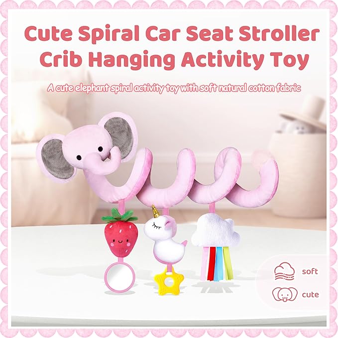 Stuffed Spiral Car Seat Toys for Baby Girls 0-6 Months, Perfect Newborn Gifts for Girls Essentials, Cute Pink Elephant Strawberry Hanging Plush Items