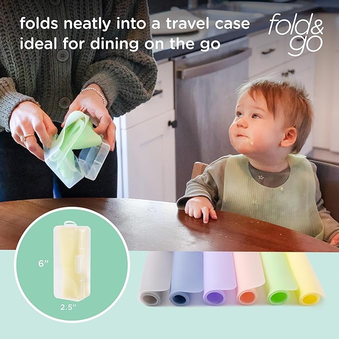 Olababy Fold N Go Silicone Placemat w Travel Case | Dishwasher Safe, BPA Free, Non-Slip, Waterproof | Mini Dining Mat for Infants, Babies, Toddlers and Kids (2, Lemon/Coral)