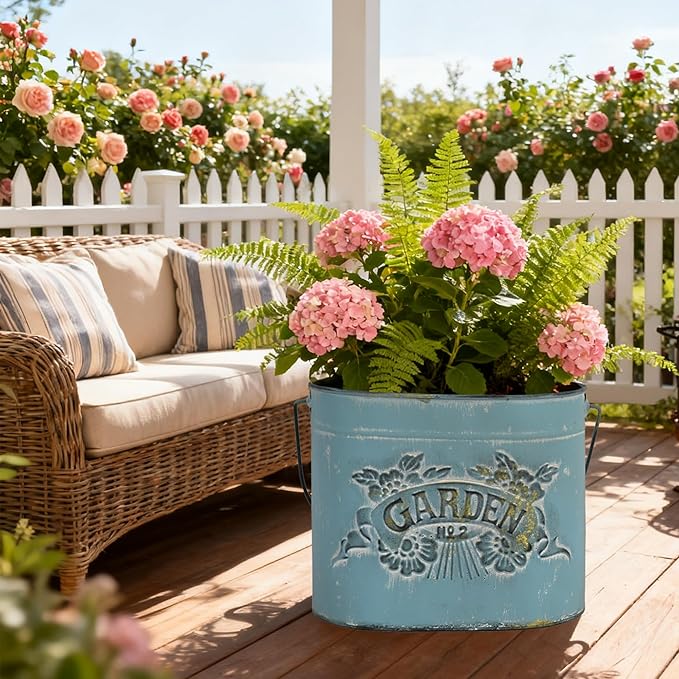 Vintage Distressed Blue Metal Planter Pot with Handles, Garden No.2 Embossed Design, Rustic Farmhouse Flower Bucket for Indoor Outdoor Gardening, Succulents, Herbs, Home Decor