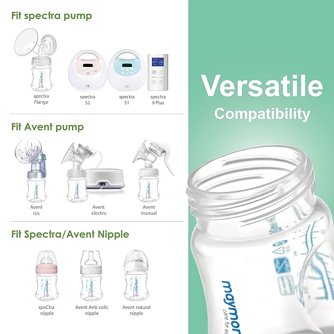Maymom Wide-Mouth Milk Storage Collection Bottle with Dome Cap, Bottle Top, SureSeal Disk; Compatiable with Spectra S1 S2 Bottles; Compatible with Lansinoh Nipple (4.7oz/140mL, 2pc & 9oz/280mL, 2pc)
