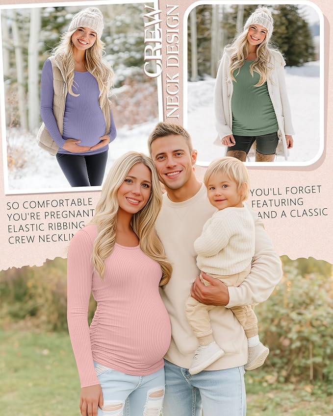 Riyiper 4 Pack Women's Maternity Shirts, Long Sleeve Cotton Ribbed Pregnancy Tee Top Crewneck Side Ruched Casual Mama Clothes