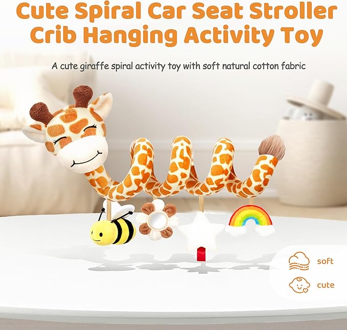 Stuffed Spiral Car Seat Baby Toys 0-6 Months, Infant Carseat Sensory Toys Hanging Stroller Accessories, Newborn Shower Gifts for Baby Boys Girls Essentials | Cute Colorful Giraffe