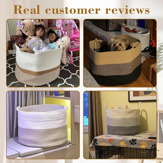 67L Large Blanket Basket, 20"x13" Woven Storage Baskets With Handle, Cotton Rope Blanket Basket Living Room, Baby Laundry hamper for Blanket, Nursery, Toy, Pillow (White & Oatmeal)