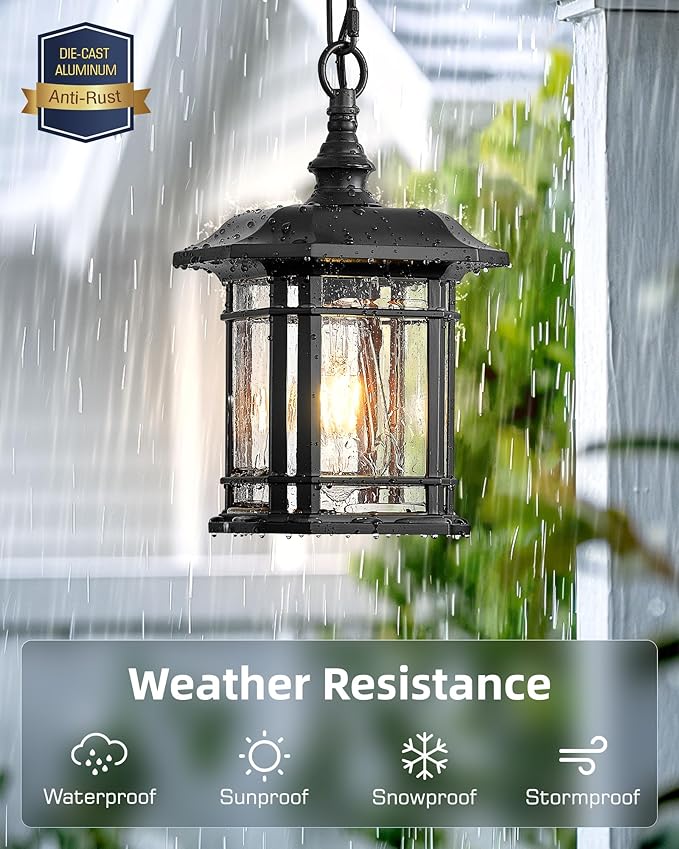 VIANIS Outdoor Pendant Lights for Porch, Black Exterior Hanging Lanterns Outdoor, Aluminum Farmhouse Ceiling Light Fixture, Waterproof Tempered Seed Glass Chandelier for Gazebo