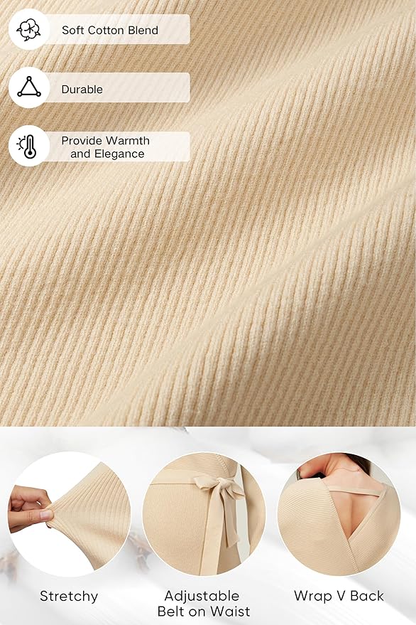 OUGES Womens Soft Cotton Blend Maternity Sweater Wrap V Neck Long Sleeve V Back Fall Shirts Pregnancy Outfits with Belt