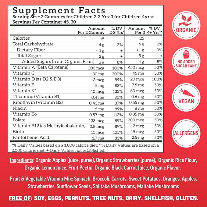 Llama Naturals Kids Multivitamin Gummies, Vegan, Organic with Vitamin D, C & K, Toddler Real Fruit Gummy Vitamins, Chewable Supplement, Whole Food Multivitamin, No Added Sugar Cane, Strawberry, 90 Ct