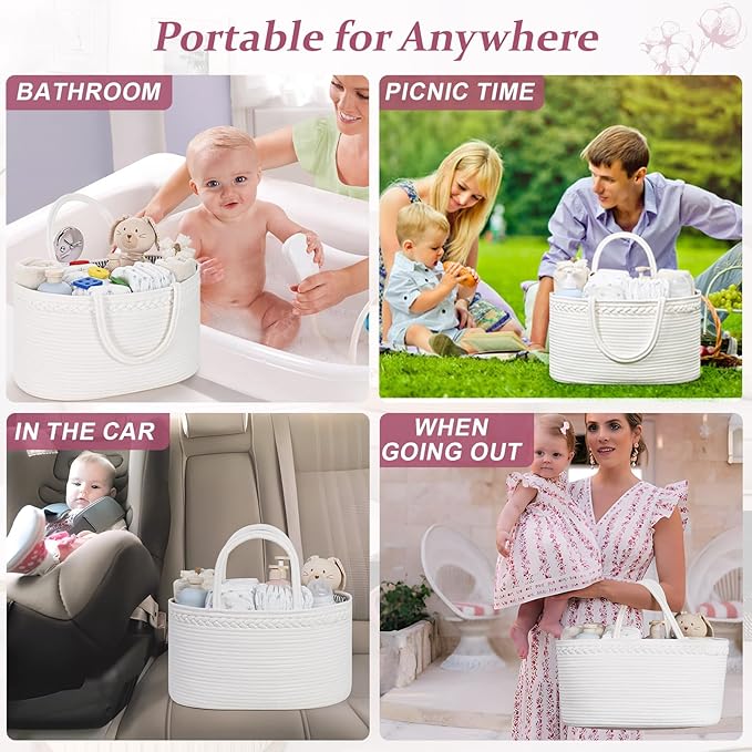 Baby Diaper Caddy Organizer, Cotton Rope Diaper Basket, Changing Table Storage Caddy With Removable Divider, Baby Basket for Nursery, Car, Diapers, Baby Shower Gifts for Newborn