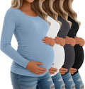Riyiper 4 Pack Women's Maternity Shirts, Long Sleeve Cotton Ribbed Pregnancy Tee Top Crewneck Side Ruched Casual Mama Clothes