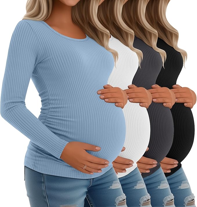 Riyiper 4 Pack Women's Maternity Shirts, Long Sleeve Cotton Ribbed Pregnancy Tee Top Crewneck Side Ruched Casual Mama Clothes
