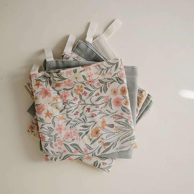 mushie Muslin Organic Cotton Washcloths 5-Pack (Pastel Blooms Combo) | Soft Wipes for Baby Cleanups and Bathing