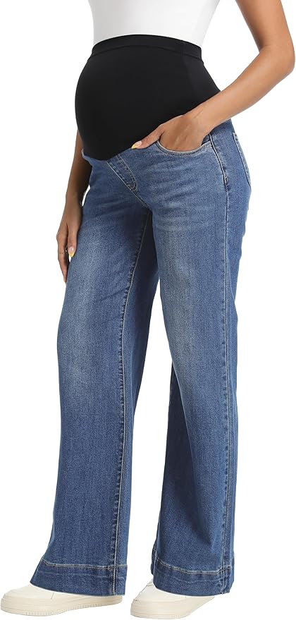 Foucome Women's Maternity Jeans Wide Leg Trendy Comfy Stretchy Straight Leg Pregnancy Denim Pants