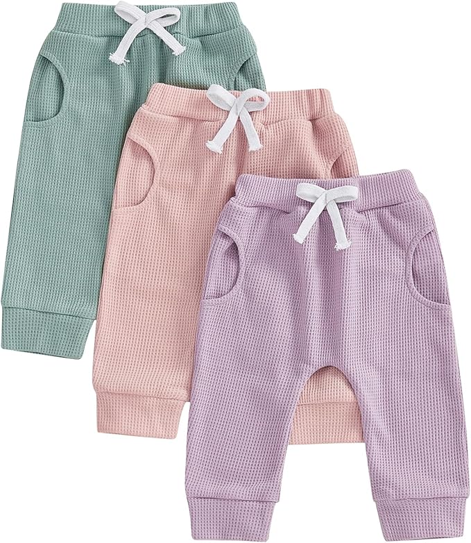 Sejardin Toddler Baby Boy Girl Pants 3 Pack Solid Color Elastic Waist Jogger Sweatpants Newborn Infant Casual Bottoms