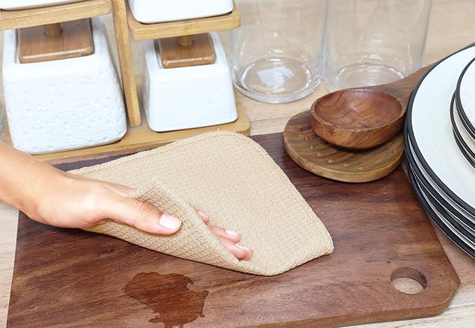 PurpleEssences Dish Cloths and Dish Rags - 8 Pack Waffle Weave Solid Kitchen Dish Wash Cloths, 100% Cotton, 12 x 12 Inches, Ultra Soft Absorbent Quick Drying Fall Thanksgiving - Beige