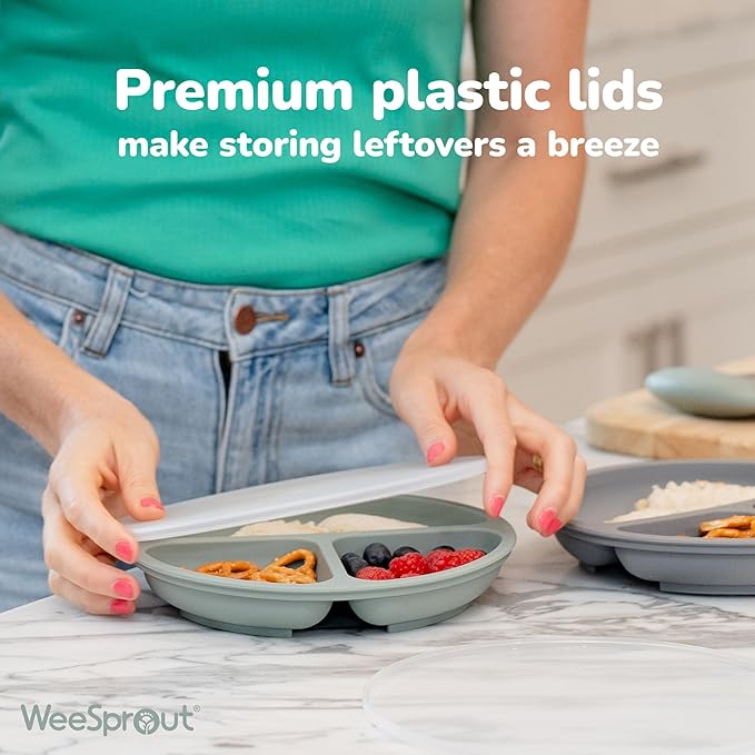 WeeSprout Silicone Plates with Lids for Babies & Toddlers (3 Pack) 100% Food-Grade Dishes for Self Feeding, Divided Design & Raised Edges for Picky Eaters, Dishwasher & Microwave Safe Weaning Supplies
