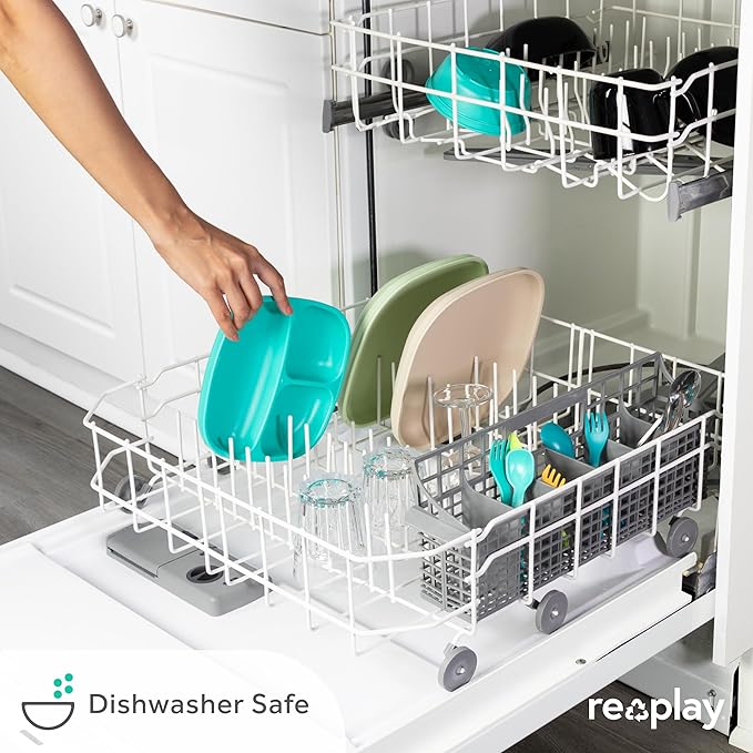 Re-Play Toddler Plates with Dividers - Deep-Walled 3 Compartments Divided Plates for Kids with 3 Lids - Dishwasher & Microwave Safe - Made in USA - Set of 3-7.37" x 7.37" x 1.25" - Monochrome