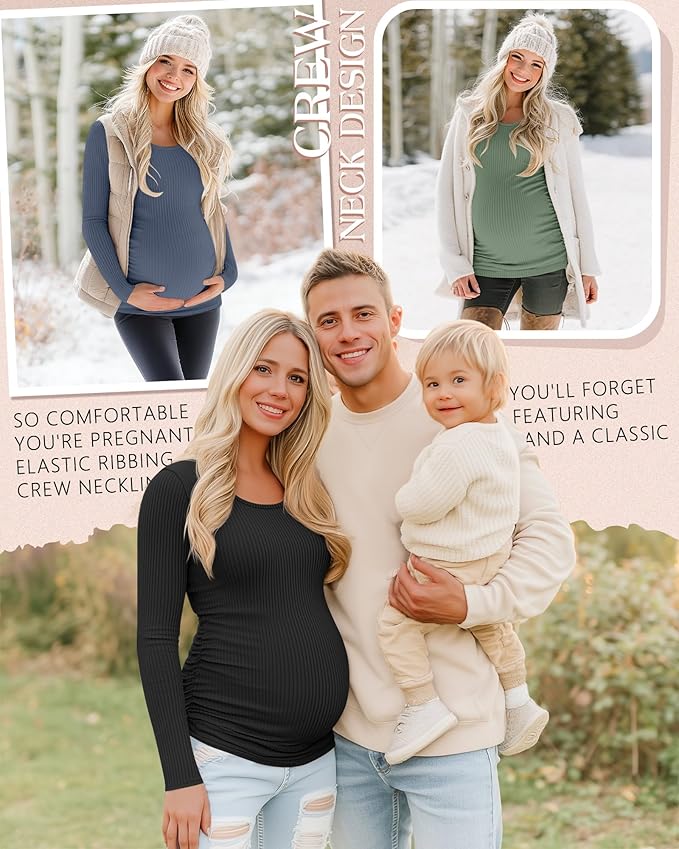 Riyiper 4 Pack Women's Maternity Shirts, Long Sleeve Cotton Ribbed Pregnancy Tee Top Crewneck Side Ruched Casual Mama Clothes