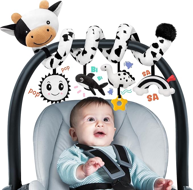 Spiral Car Seat Baby Toys 0-6 Months, Infant Carseat High Contrast Sensory Toys Hanging Stroller Accessories, Newborn for Baby Boys Girls Essentials Stuff, Cute Black and White Cow
