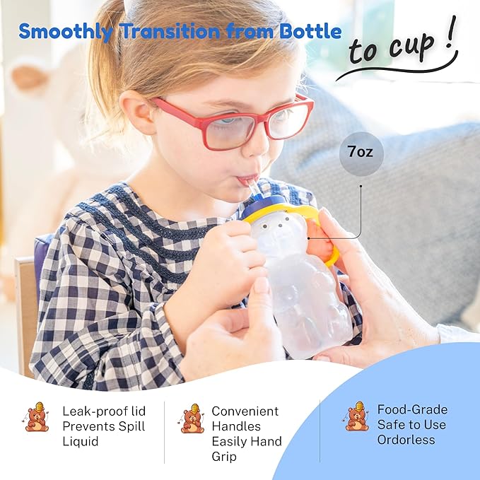 TalkTools Honey Bear Bottle Straw Cup with Handle – Dishwasher Safe, Premium Food-Grade Sippy Cup Trainer for Babies & Toddlers 4+ Months – Easy-Grip Design Helps Kids Learn to Drink from a Straw.
